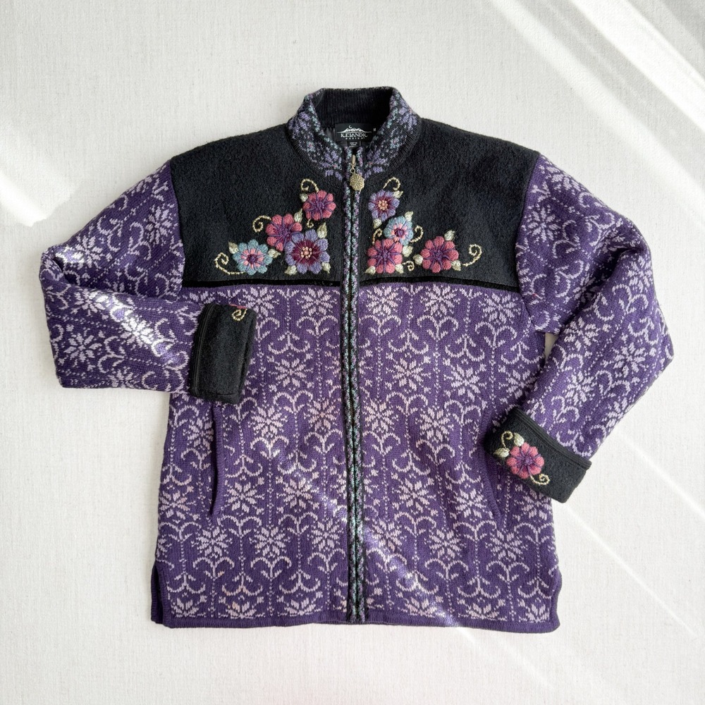 vtg Icelandic Design purple wool floral embroidered cardigan sweater‎